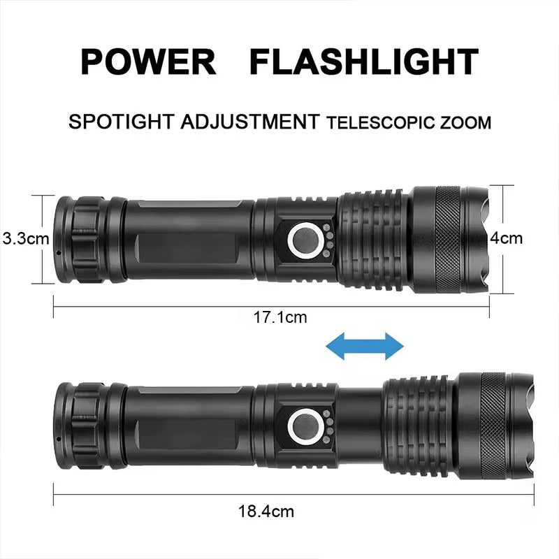 High Power Rechargeable LED Tactical Flashlight Aluminum Alloy Telescopic Zoom Torch Lamp for Outdoor Camping Fishing