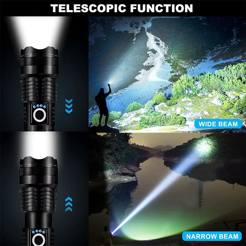 High Power Rechargeable LED Tactical Flashlight Aluminum Alloy Telescopic Zoom Torch Lamp for Outdoor Camping Fishing