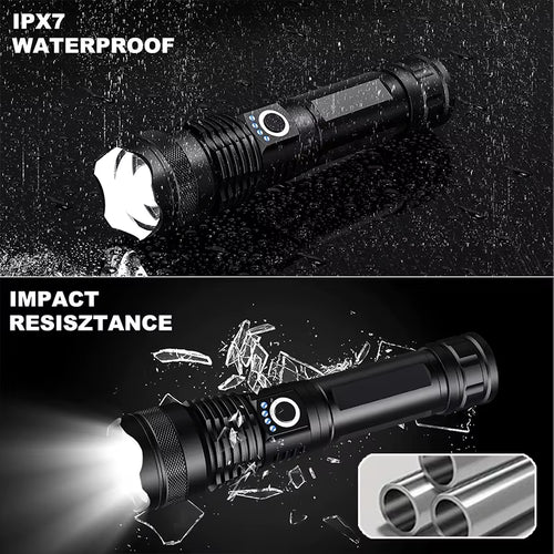 High Power Rechargeable LED Tactical Flashlight Aluminum Alloy Telescopic Zoom Torch Lamp for Outdoor Camping Fishing