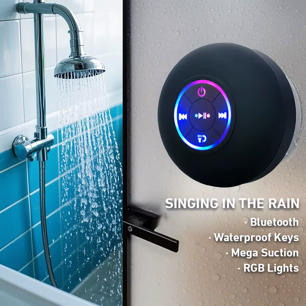 Waterproof Bluetooth Speaker with LED Lights, Suction Cup, and Phone Holder – Portable Mini Speaker for Shower, Car, Desk & Outdoor Activities