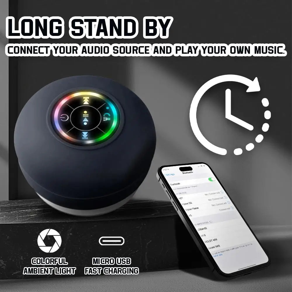 Waterproof Bluetooth Speaker with LED Lights, Suction Cup, and Phone Holder – Portable Mini Speaker for Shower, Car, Desk & Outdoor Activities